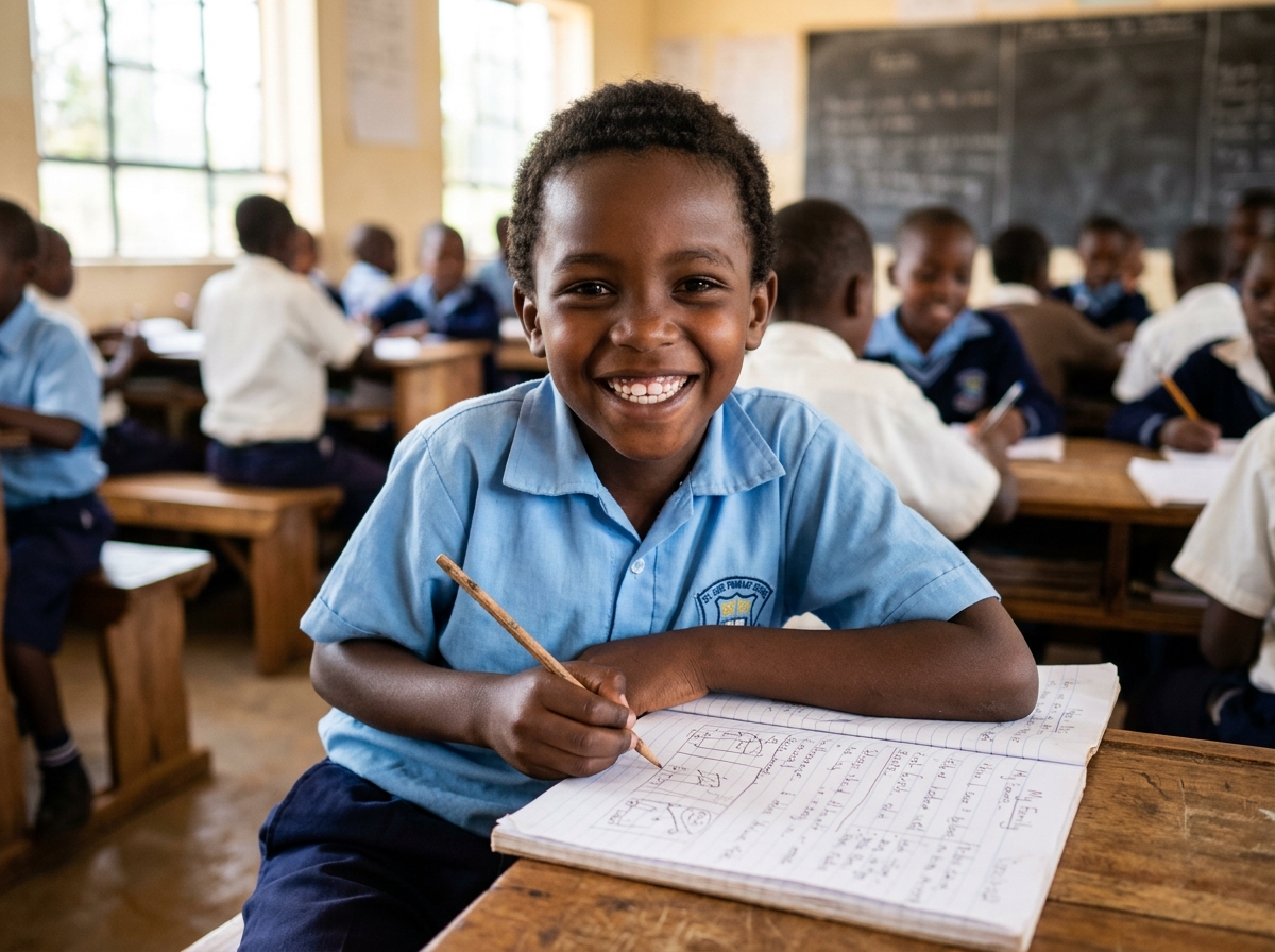 African student smiling in classroom